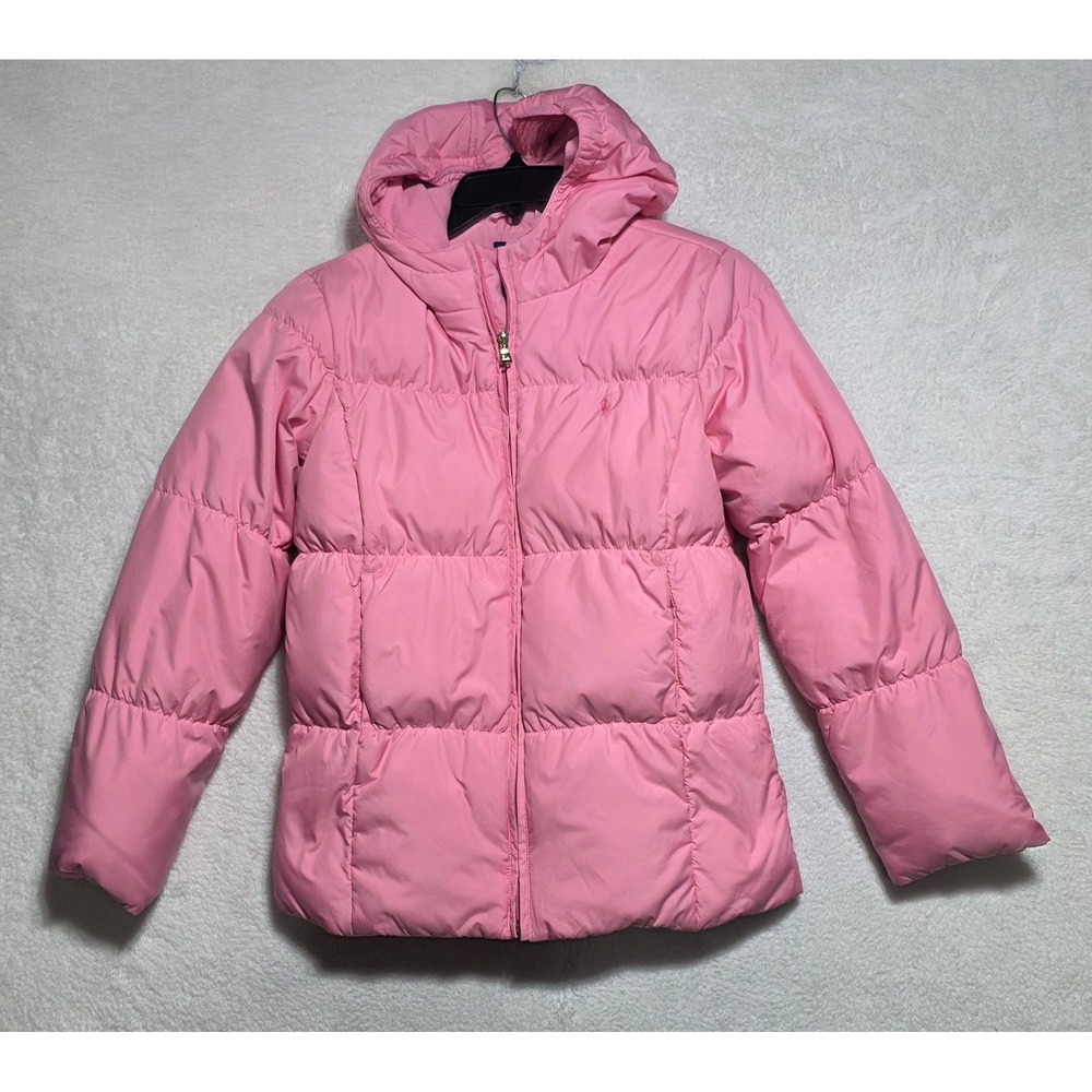 Ralph Lauren Girls Pink Down Puffer Jacket Hooded Size L 12-14 Quilted Coat